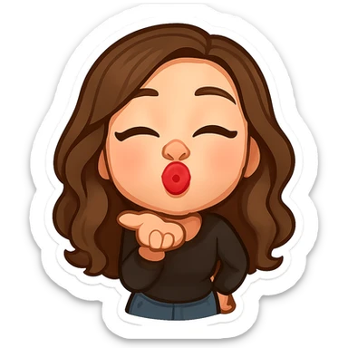 Create a 3D chibi bitmoji style sticker of the girl from the reference image, preserving the same face, hair, and style. She is kissing the viewer directly, with lips close to the screen as if kissing the camera. The sticker should have a white outline and a transparent background. sticker