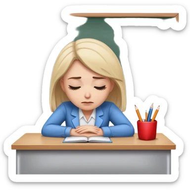 Exhausted female teacher with head down on classroom desk sticker