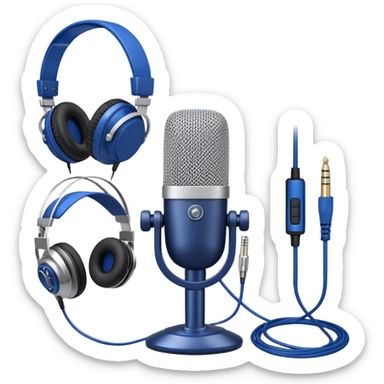 Create a sleek and professional emoji that represents voice acting and dubbing equipment. The design should feature a high-quality microphone, a sound mixer or audio interface, and headphones to symbolize the recording and technical process. Include elements like a soundproof booth or audio cables to reflect the studio environment. Use a modern, clean design with colors like silver, black, and dark blue to represent the professional side of voice acting. The background should be transparent. sticker