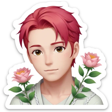 Gorgeous pastel red hair with a thin braid on the side anime style handsome sexy gojo guy with blushing face and flowers aesthetic trending style outside sticker