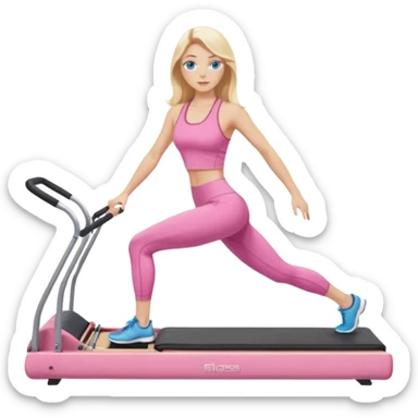  long blown out blonde hair woman blue eyes wearing pink workout set doing pilates reformer sticker