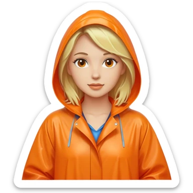 Blonde lady with an orange full body rain coat sticker