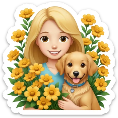 A girl is holding a golden retriever in the flowers sticker