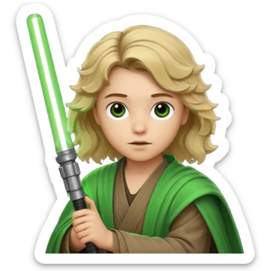 Young jedi with dirty blonde wavy hair holding a green lightsaber sticker