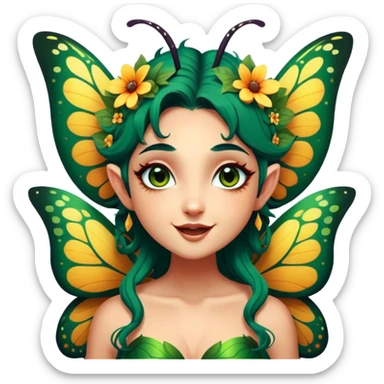 Cinematic Realistic Forest Fairy Portrait, head tilted dramatically with an exaggeratedly amused expression, featuring a striking, nature-infused form with glowing, sun-kissed tanned skin and vividly detailed dark green hair adorned with floral accents. Her expressive eyes brim with playful forest mischief, rendered with vibrant, lifelike textures and dynamic dappled lighting that conveys a spirited, over‐the‐top woodland whimsy showing her large butterfly wings from her back. sticker