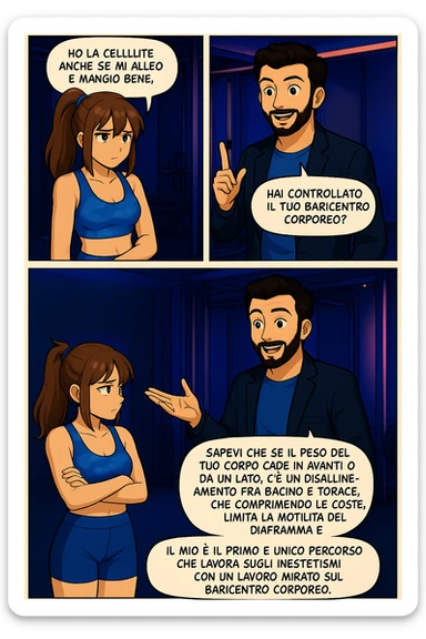 PRENDI SPUNTO DA QUESTO STILE FACENDO UN WEBTOON/MANGA:

LEI (DONNA): Ho la cellulite anche se mi alleno e mangio bene, cosa posso fare?

LUI (UOMO): Hai controllato il tuo baricentro corporeo?
LUI (UOMO): Sapevi che se il peso del tuo corpo cade in avanti o da un lato, c’è un disallineamento fra bacino e torace, che comprimendo le coste, limita la motilità del diaframma e l’ossigenazione dei tessuti?
LUI (UOMO): Il mio è il primo e unico percorso che lavora sugli inestetismi con un lavoro mirato sul baricentro corporeo. sticker
