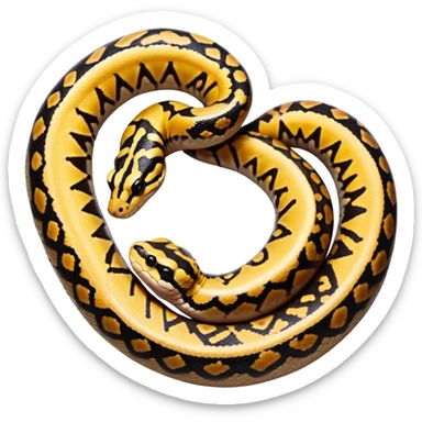 A photo-realistic top-down view of a Ball Python gently coiled into a tight spiral, with its head resting peacefully at the center. Its scales are warm brown with bold, irregular black markings, including the distinctive “alien-head” pattern, flowing smoothly along its body.  sticker