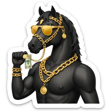 Black Horse looks gangster with Golden chains, sunglasses and Holds money sticker