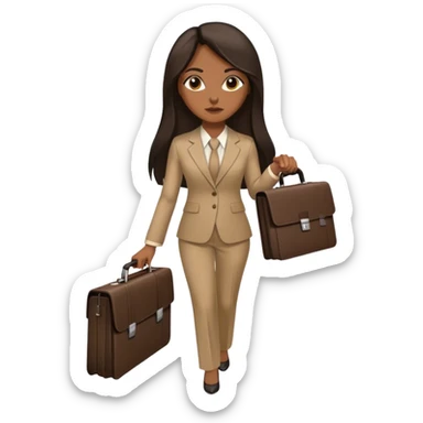 dark brown woman with dark brown long length straight hair in an executive tan suit carrying one briefcase sticker