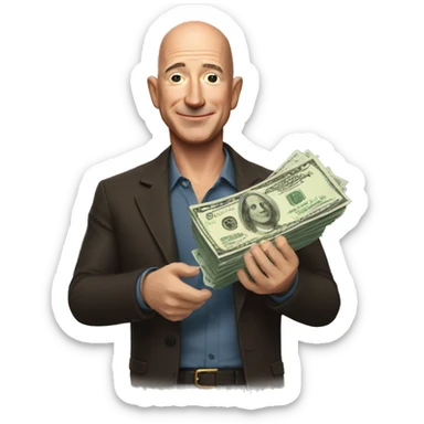 jeff bezos holding cash in both his hands sticker