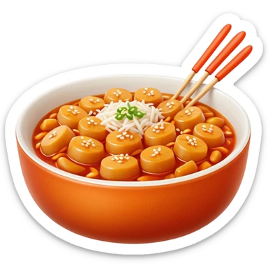 떡볶이, spicy Korean rice cakes in a bowl, vibrant colors, appetizing sticker
