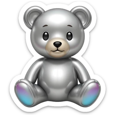 A cute teddy bear emoji made of liquid silver chrome, smooth rounded body, glossy metallic surface, soft reflections, friendly proportions, iOS emoji style, centered, clean white background sticker