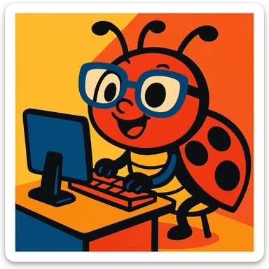 a ladybug with big glasses and a computer, playful and colorful, vibrant toon, cheerful illustration sticker