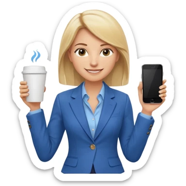 Confident and outgoing female entrepreneur, Caucasian features, shoulder-length blonde hair, big friendly smile, expressive eyes, wearing a blue blazer over a light blue blouse, holding a smartphone in one hand and a coffee cup in the other, waist-up, front-facing sticker