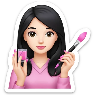 Pink Nail Tech with black long hair holding small acrylic brush sticker
