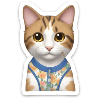 Purradise Meowscles is a buff calico cat  he has a mullet, a floral designed t shirt that is unbuttoned and blue and white stripped shorts sticker