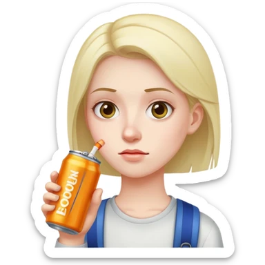 student holding energy drink can, tired face sticker