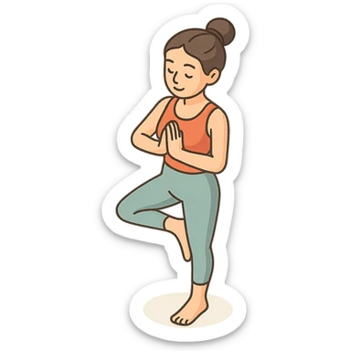 girl in cute yoga outfit performing tree pose (Vrikshasana), 2D isometric style, very detailed drawing, shadows and highlights, clean contours, soft lighting, transparent background sticker