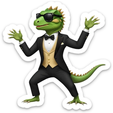 capitalist iguana in tuxedo with black sunglasses dancing sticker