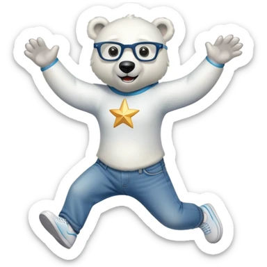 friendly anthropomorphised polar bear jumping and looking excited, wearing a shirt, jeans, trainers, star-shaped glasses sticker
