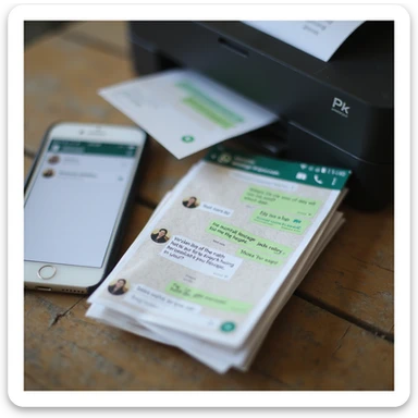 realistic thumbnail image for a WhatsApp print out service, showing a stack of printed WhatsApp chat messages next to a smartphone, with a printer in the background sticker