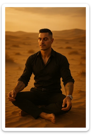 Man meditating alone in the desert at golden hour, sitting in a calm but grounded posture, radiating calm and powerful masculine energy. Minimalist surroundings, soft wind, dust in the air. Peaceful expression, symbolic of self-mastery and inner strength. Cinematic style. sticker