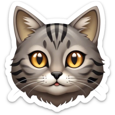 Cinematic Cute Grey and Black Brown Tabby Cat Portrait Emoji, Head tilted playfully and inquisitively, sleek grey-brown fur with bold black tabby stripes and a distinctive M-shaped marking on the forehead, sparkling amber eyes, Simplified yet irresistibly adorable features, highly detailed, glowing with a warm, friendly glow, high shine, affectionate and curious, stylized with a touch of whimsy, bright and endearing, soft glowing outline, capturing the essence of a mischievous yet loving kitten, so playful it feels like it could pounce out of the screen and into your arms! sticker