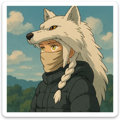 1 female, gold yellow eyes, white hair with a single long braid, wolf headdress, rag face covering, dark colored puffer parka, gazing into the distance sticker