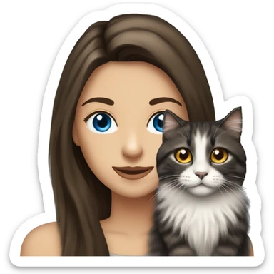 long straight haired blue eyed brunette woman holding norwegian forest cat with amber eyes sticker