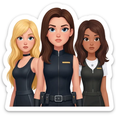 generate three spy girls, a brunette one with long hair, a blond one with long hair and a dark brown long hair. put a brunette in the middle sticker