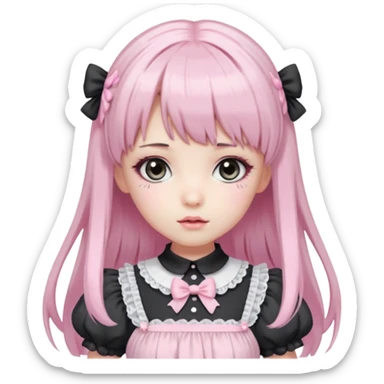 pale girl with straight, long black and baby pink swirled hair with bangs, grey eyes, doll-like makeup, wearing a light pink lolita hime gyaru dress sticker