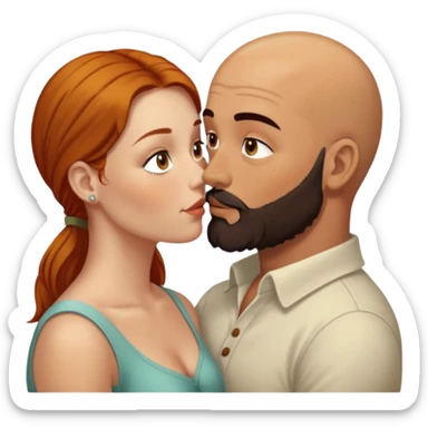 Couple. Bald man with dark brown-black beard. White woman with many small, faded freckles, she has white skin and she has auburn-yellow-brown-cinnamon, dark long hair. She has light brown eyes. The man have hazel eyes. Retro style. They kiss. sticker