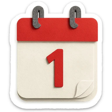 red and white calendar in paper-craft style, layered paper pages, shadow effect sticker