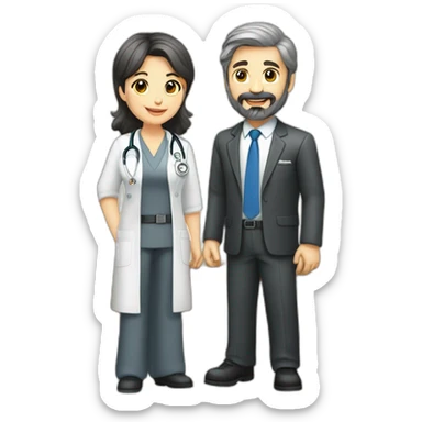 husband caucasian dark gray hair trimmed beard wearing business suit holding bible, wife asian age 55 dark hair nurse uniform, no children sticker