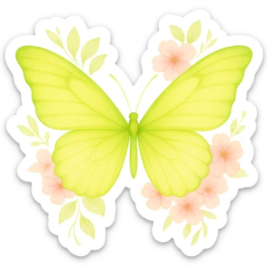 Create a one-to-one butterfly as in the example image with main colors brightened to #c0ff53 green and pink. Include all flowers and details exactly as in the example. Use a watercolor art style with stronger glow effect and brighter colors. Remove the background. sticker
