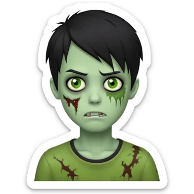 boy zombie with black hair, emo hairstyle covering one eye, pale green skin sticker