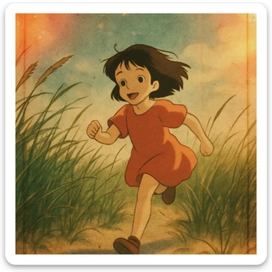 style of anime, 8mm film, gritty, the image shows a young girl running in a field of tall beach grass, light leaks, overexposed, nostalgic feel sticker