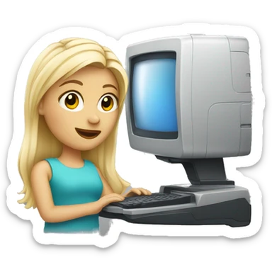 Blonde girl with computer and camera sticker