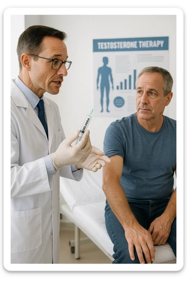a doctor in a white coat prepares a syringe labeled “Testosterone” while a middle-aged man sits calmly on the examination table, sleeve rolled up and looking slightly apprehensive but trusting. The doctor explains the procedure, and a medical chart about testosterone therapy is visible in the background. The mood is professional and reassuring. sticker