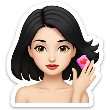 flirty smirk face glancing down with makeup, black hair, hand running through hair, more emoji-like sticker