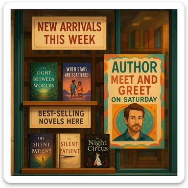 Bookstore window display. A sign displays “New Arrivals This Week”. Below, a shelf tag with the text “Best-Selling Novels Here”. To the side, a colorful poster advertises “Author Meet And Greet on Saturday” with a central portrait of the author. There are four books on the bookshelf, namely “The light between worlds” “When stars are scattered” “The slient patient” “The night circus” sticker