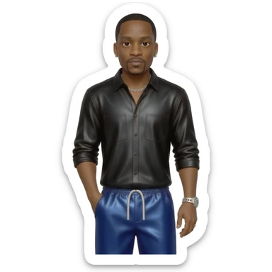 Jay-Z with black hair, black metallic shirt, navy blue metallic baggy pants, silver necklace sticker