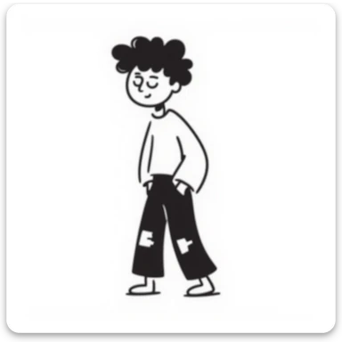 doodle of a person with messy, scruffy hair and ragged clothes, looking like a bum sticker