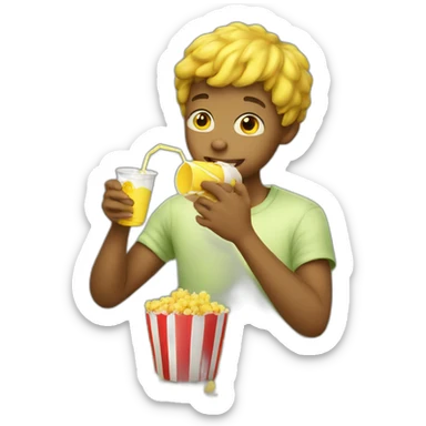 Yellow boy eating popcorns drinking apple juice sticker