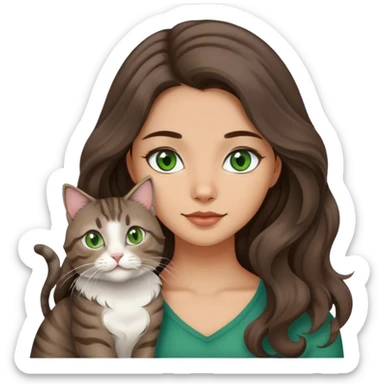 Beautiful girl with long dark wavy hair and a medium complexion with two cats; one is a brown regular tabby and the other is a grey medium hair cat. Both cats with green eyes.  sticker