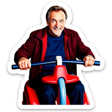 60 year old man with brown hair and blue eyes, pretty fit, no facial hair, riding a red roller coaster sticker