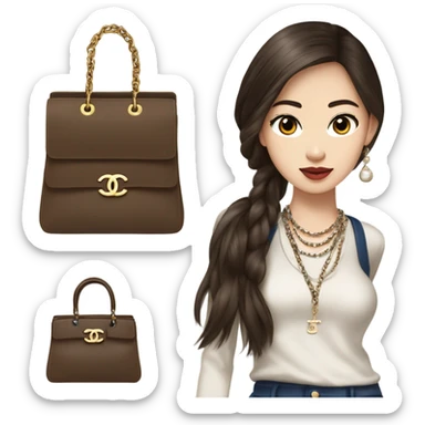 Realistic brown hair blue eyes Chanel Asian Girl with Birkin bag and Chanel necklace sticker