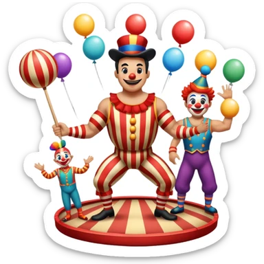Icon for Circus Arts: a vibrant round circus arena with a strongman in a striped costume,  juggler and a clown performing. The icon should convey the excitement and fun of circus performances, with focus on the performers and the colorful setting. Transparent background. sticker
