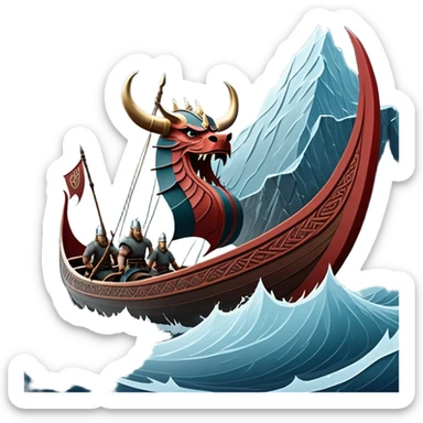 clash-of-clans-aesthetic_-cinematic-viking-longboat, rendered in a flat, bold vector style with minimal shading, featuring a striking dragon-headed prow slicing through icy, churning waters. shields on the side and vikings rowing The longboat’s intricately detailed shields and carved motifs evoke a sense of epic adventure and Nordic might, with billowing sails catching a dramatic, stormy sky backdrop. sticker