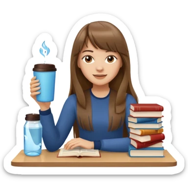 a designer with light skin long brown hair bangs waving, stack of books, coffee cup on top, water bottle  sticker